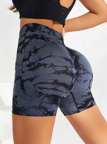 SHEIN Yoga Trendy 紮染字母圖案寬腰帶運動短褲 - 彩色 - 查看 2