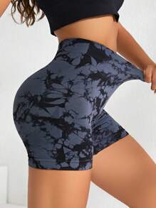 SHEIN Yoga Trendy 紮染字母圖案寬腰帶運動短褲 - 彩色 - 查看 3