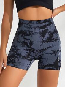 SHEIN Yoga Trendy 紮染字母圖案寬腰帶運動短褲 - 彩色 - 查看 5