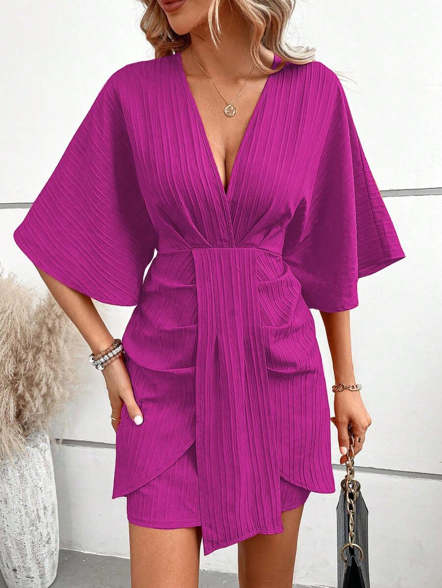 SHEIN LUNE Plunge Neck Batwing Sleeve Dress - Hot Pink - View 1