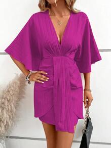 SHEIN LUNE Plunge Neck Batwing Sleeve Dress - Hot Pink - View 4
