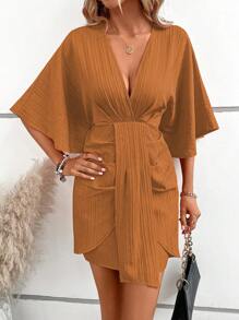 SHEIN LUNE 深V領蝙蝠袖連衣裙