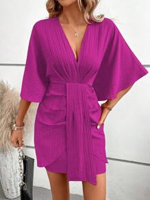 SHEIN LUNE Plunge Neck Batwing Sleeve Dress - Hot Pink - View 5
