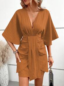 SHEIN LUNE 深V領蝙蝠袖連衣裙