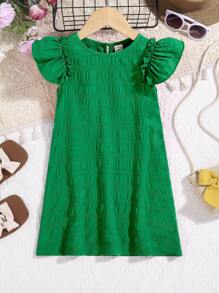 SHEIN Young Girl Loose Butterfly Sleeve Keyhole Back Dress, Suitable For Spring And Summer - Green - View 1