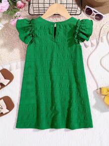 SHEIN Young Girl Loose Butterfly Sleeve Keyhole Back Dress, Suitable For Spring And Summer - Green - View 2