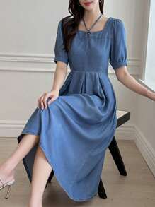 DAZY 雞心領口泡泡袖前打結牛仔裙 - 藍色 - 查看 3