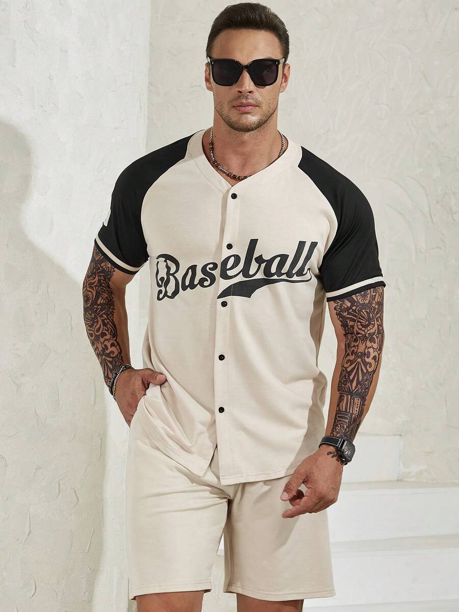 Aesthetic Post 男士大码字母圖案插肩袖襯衫&短褲