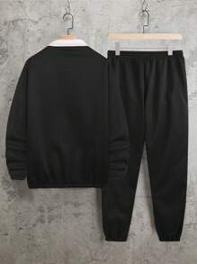 Aesthetic Post 男士字母圖案撞色插肩袖運動衫&腰部抽繩衛褲 - 黑色 - 查看 2