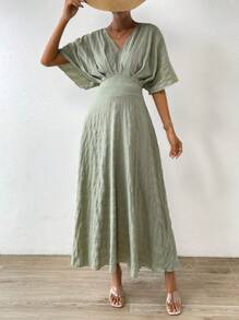 Chiquease Chất rắn tay cánh Váy chữ A - Màu xanh Bạc hà - Xem 3