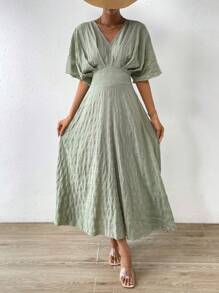 Chiquease Chất rắn tay cánh Váy chữ A - Màu xanh Bạc hà - Xem 4