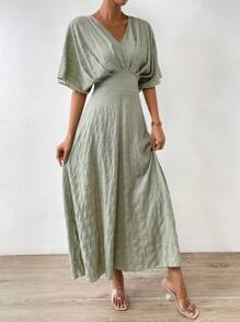 Chiquease Chất rắn tay cánh Váy chữ A - Màu xanh Bạc hà - Xem 6