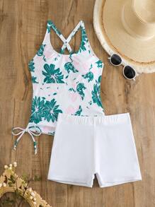 Tankini estampado floral con cordón cruzado en los laterales para el verano y la playa - Blanco - Ver 1