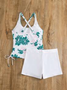 Tankini estampado floral con cordón cruzado en los laterales para el verano y la playa - Blanco - Ver 2