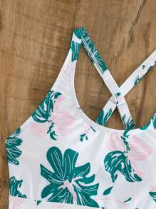 Tankini estampado floral con cordón cruzado en los laterales para el verano y la playa - Blanco - Ver 3
