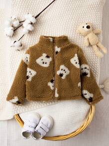 SHEIN Baby Girl Bear Pattern Zip Up Teddy Jacket - Khaki - View 1
