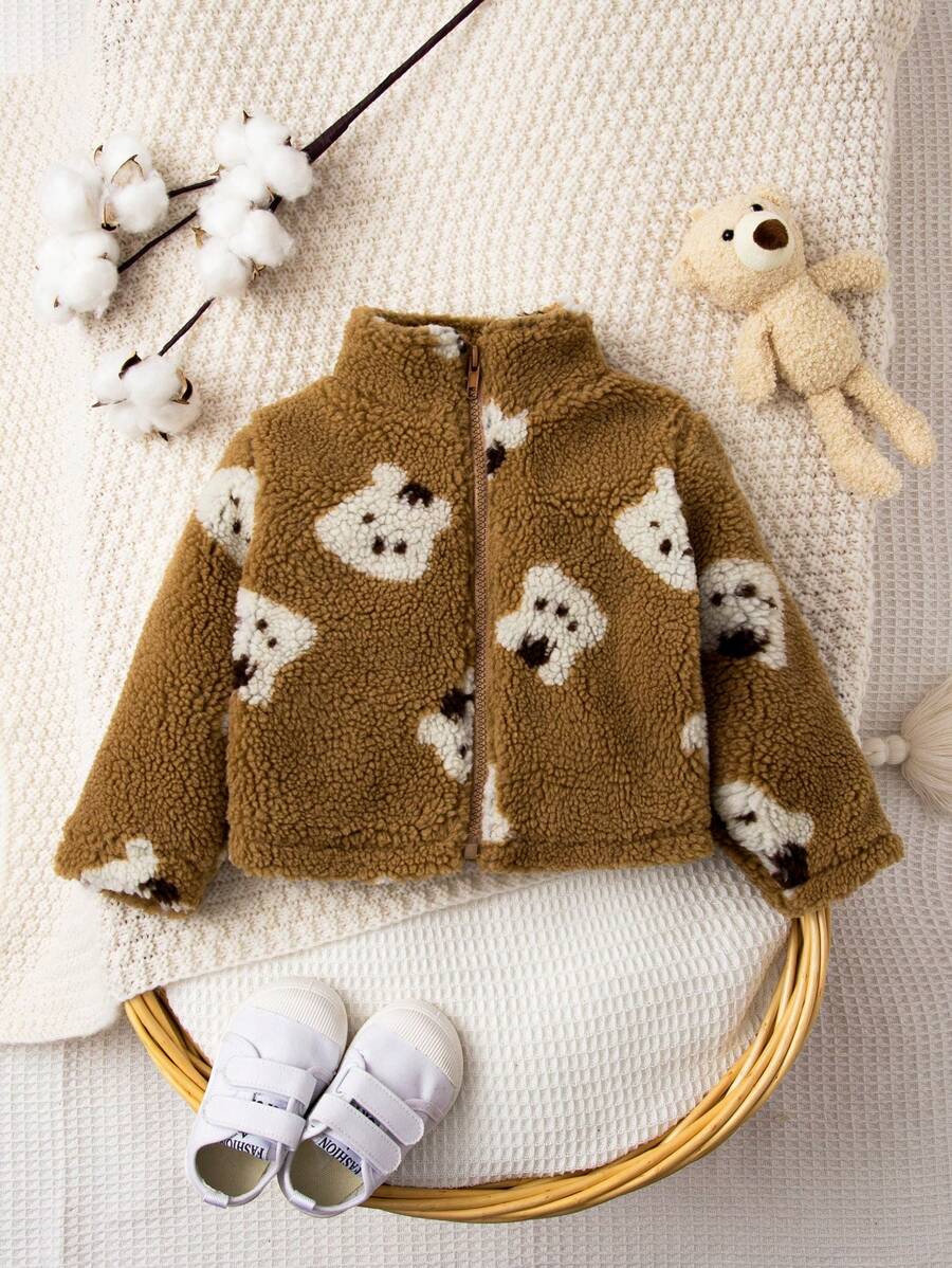 SHEIN Baby Girl Bear Pattern Zip Up Teddy Jacket - Khaki - View 1