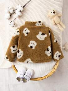 SHEIN Baby Girl Bear Pattern Zip Up Teddy Jacket - Khaki - View 2