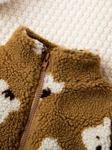 SHEIN Baby Girl Bear Pattern Zip Up Teddy Jacket - Khaki - View 3