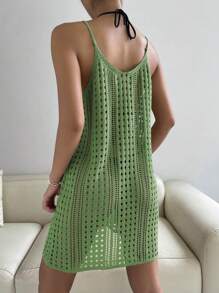 SHEIN Swim Hollow Out Knitted Cover Up Dress,Summer Beach - Green - View 2