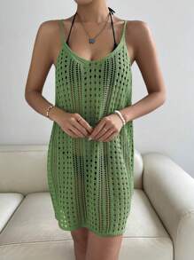 SHEIN Swim Hollow Out Knitted Cover Up Dress,Summer Beach - Green - View 4