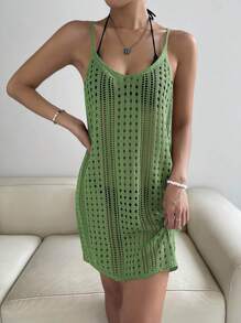 SHEIN Swim Hollow Out Knitted Cover Up Dress,Summer Beach - Green - View 5