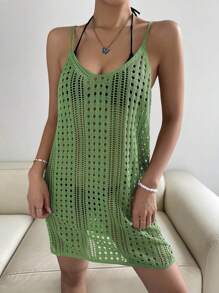 SHEIN Swim Hollow Out Knitted Cover Up Dress,Summer Beach - Green - View 6