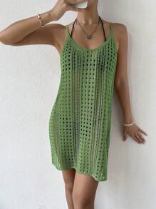 SHEIN Swim Hollow Out Knitted Cover Up Dress,Summer Beach - Green - View 7