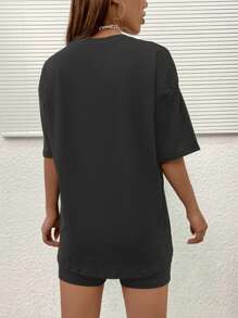 SHEIN Unity Letter Graphic Drop Shoulder Tee & Biker Shorts - Dark Grey - View 2