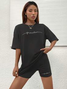 SHEIN Unity Letter Graphic Drop Shoulder Tee & Biker Shorts - Dark Grey - View 4