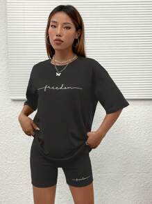 SHEIN Unity Letter Graphic Drop Shoulder Tee & Biker Shorts - Dark Grey - View 6