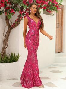 LOVE&LEMONADE Vestido de vestir de cuello profundo bajo sirena con lentejuelas - Rosa Fucsia - Ver 1