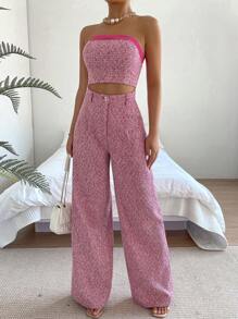 SHEIN LUNE Solid Tube Top & Wide Leg Pants - Multicolor - View 5