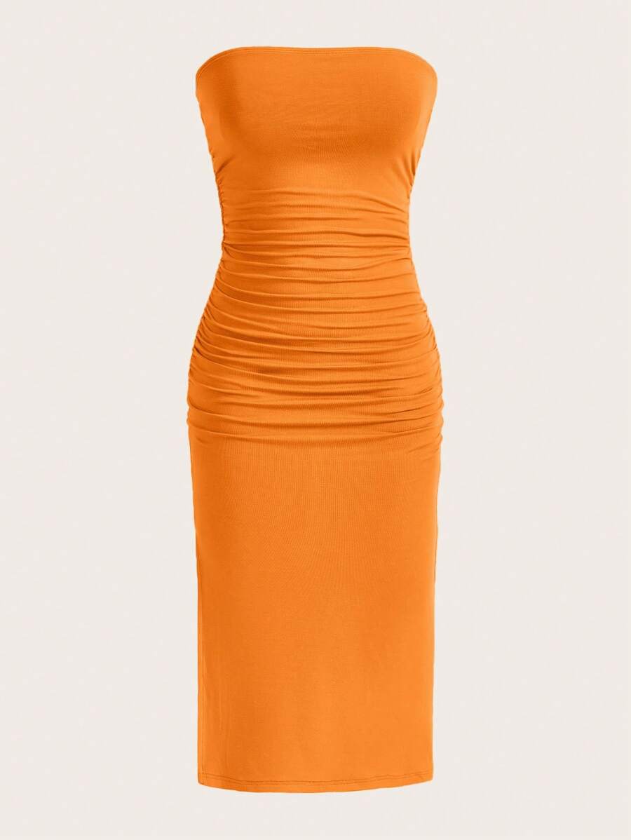 SHEIN EZwear Vestido tubo unicolor fruncido de muslo con abertura