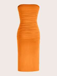 SHEIN EZwear Vestido tubo unicolor fruncido de muslo con abertura - Naranja - Ver 3