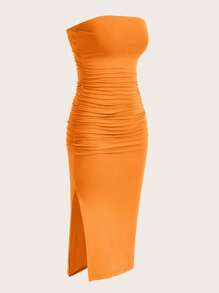 SHEIN EZwear Vestido tubo unicolor fruncido de muslo con abertura - Naranja - Ver 4