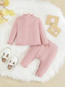 SHEIN 木耳邊 羅紋針織 前蝴蝶結純色嬰童（女）套裝 - 淺粉色 - 查看 2