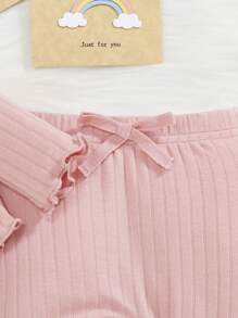 SHEIN 木耳邊 羅紋針織 前蝴蝶結純色嬰童（女）套裝 - 淺粉色 - 查看 4