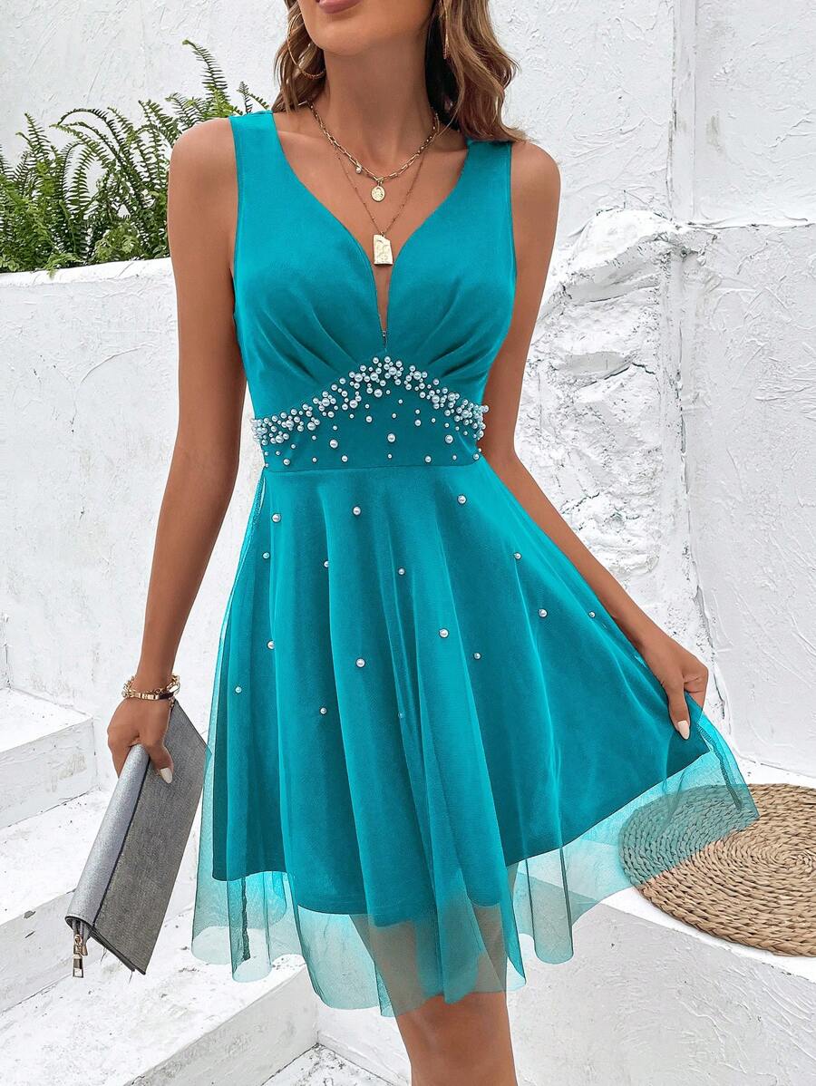 SHEIN Clasi Pearls Beaded Mesh Overlay Dress