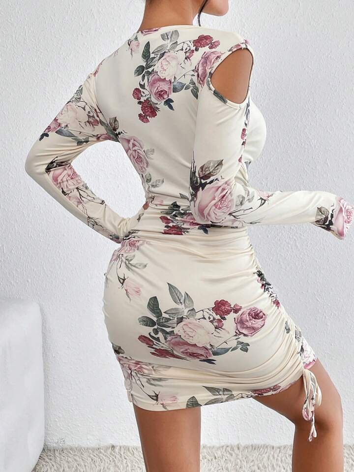 SHEIN Priv Floral Print Cold Shoulder Drawstring Side Bodycon