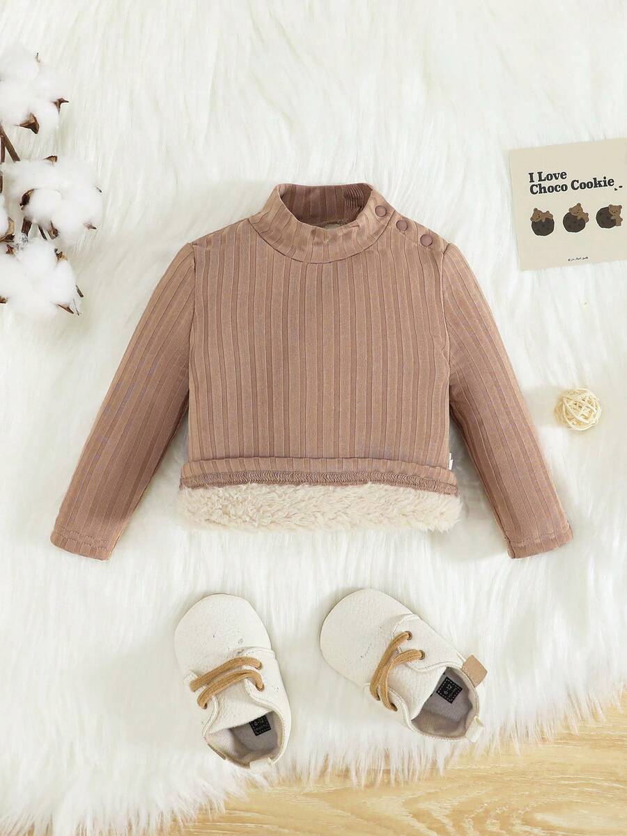 SHEIN Newborn Baby Boy Mock Neck Thermal Top - Mocha Brown - View 1