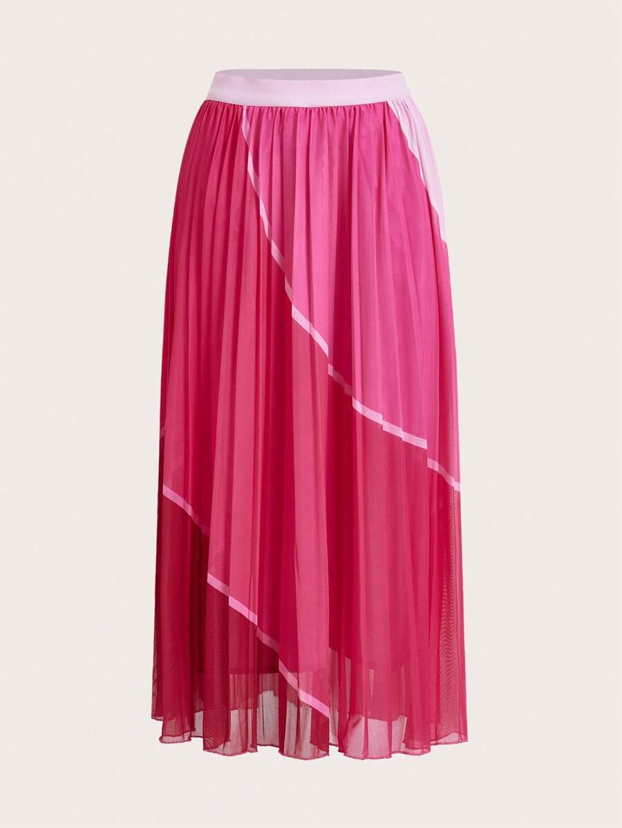 SHEIN Clasi 撞色百褶半身裙 - 玫紅色 - 查看 1