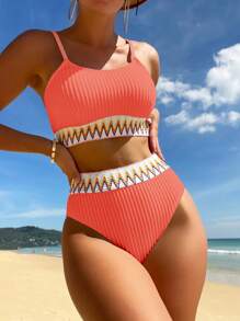 Chevron Ruy băng Bộ đồ bơi Bikini - Màu Hồng  San hô - Xem 1