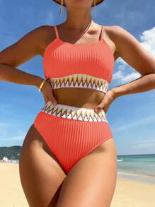Chevron Ruy băng Bộ đồ bơi Bikini - Màu Hồng  San hô - Xem 3