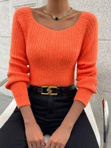 Chiquease Scoop Neck Raglan Sleeve Ribbed Knit Jumper - Orange - View 1