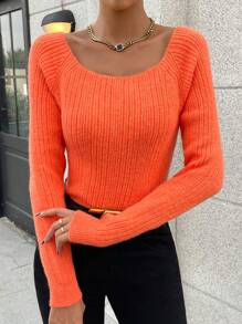 Chiquease Scoop Neck Raglan Sleeve Ribbed Knit Jumper - Orange - View 5