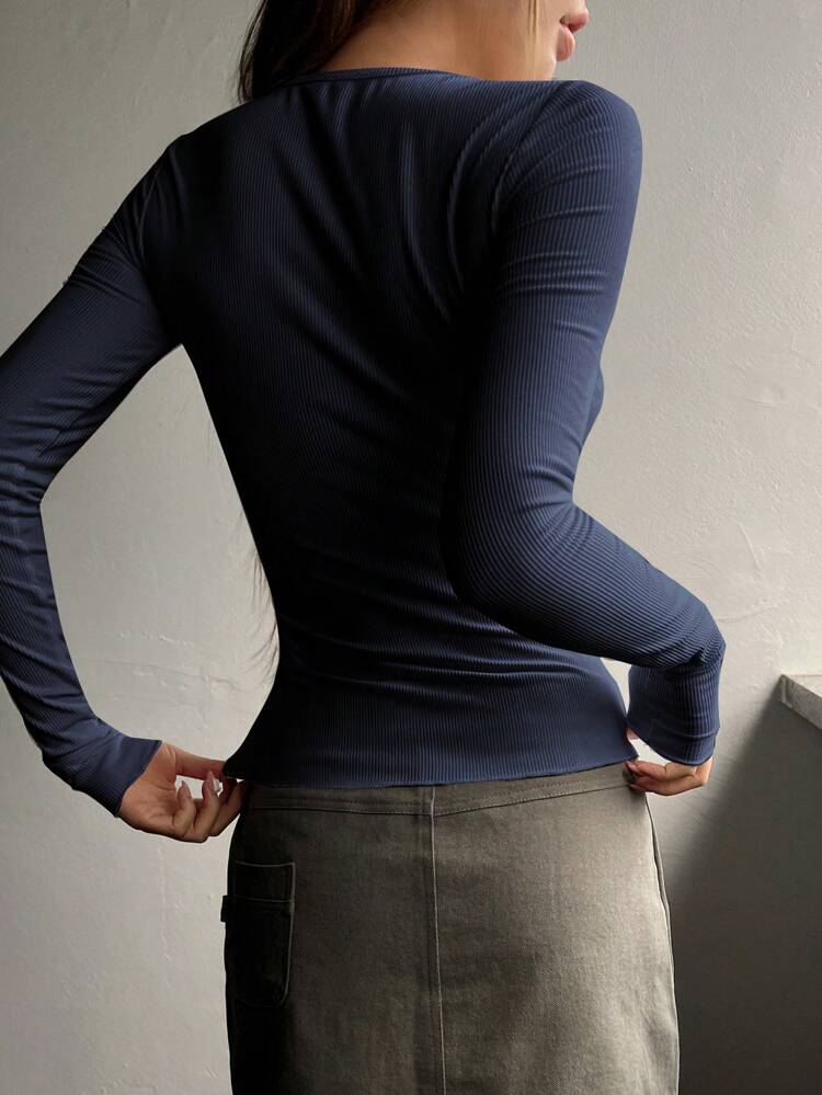 Half Button Ribbed Knit Slim Fit Tee,Fall Clothes Long Sleeve Women Tops