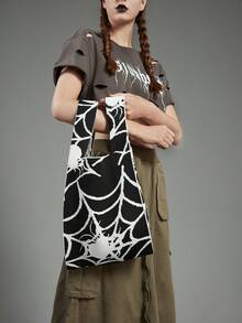 ROMWE Academia Trung bình Túi Móc Giải trí Đồ họa mạng nhện Đối với Mua sắm - Đen và trắng - Xem 3