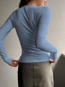 DAZY 半扣罗纹针织 T 恤，秋季服装长袖女式上衣 - 霧霾藍 - 查看 2
