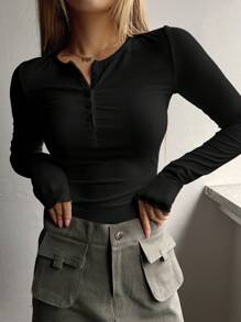 DAZY Solid Button Front Ribbed Knit Tee,Fall Clothes,Back To School Clothes Long Sleeve Women Tops - Black - View 1